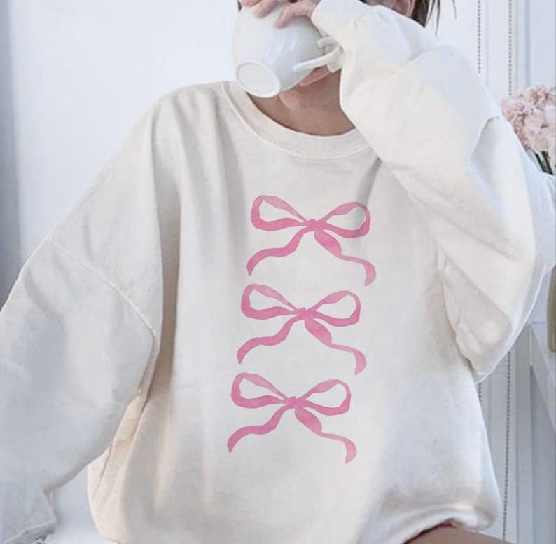 Pink Bow Sweatshirt, Trendy Pink Ribbon Bow Crewneck, Sweatshirt for Women With Bows T-Shirts, Hoodie | DripVista.com