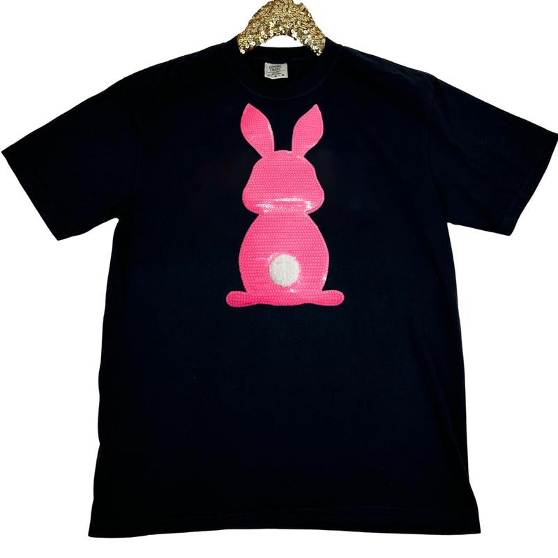 Pink Bunny Sequin Patch Comfort Colors T-Shirt -- BLACK Hoodie, Sweatshirt | DripVista.com