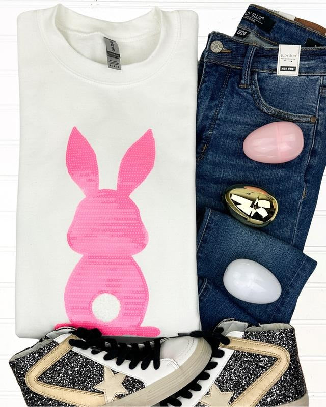 Pink Bunny Sequin Patch Sweatshirt -- WHITE T-Shirts, Hoodie | DripVista.com