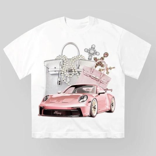 Pink Car Print T-shirt, Vintage Graphic Tee, Y2k Clothing, Unisex Cotton Crewneck T-Shirt - Medium, Short Sleeve, Casual Streetwear Printed Tee