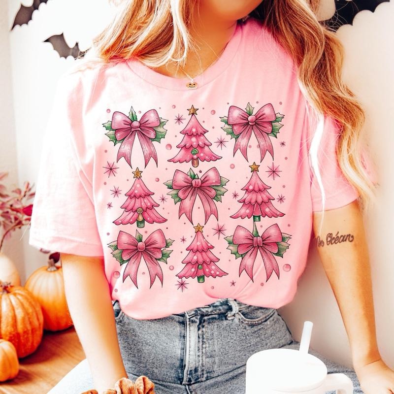 Pink Christmas Coquette Bow T-Shirt, Christmas Season Sweatshirt, Christmas girly Unisex Women's Top in 100% Cotton