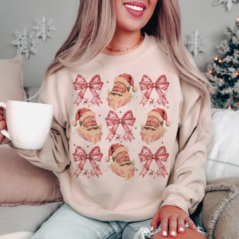 Pink Christmas Coquette Santa Shirt, Christmas Season Sweatshirt, Santa Claus, Christmas, Retro Christmas Shirt,...