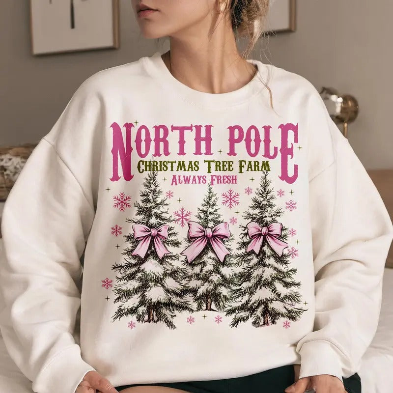 Pink Christmas Coquette bow, North pole, Trendy  Christmas, Retro Christmas, Christmas Gift Holiday Sweatshirt, ...