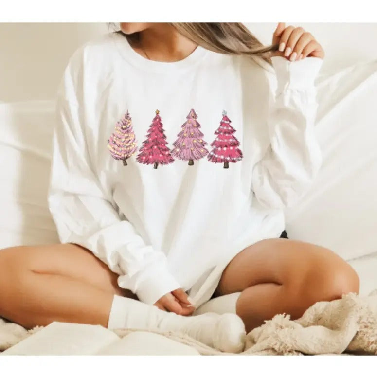 Pink Christmas Trees Shirt, Long Sleeve Christmas Shirts for Women, Christmas Tee, Christmas T-Shirt, Shirts For...