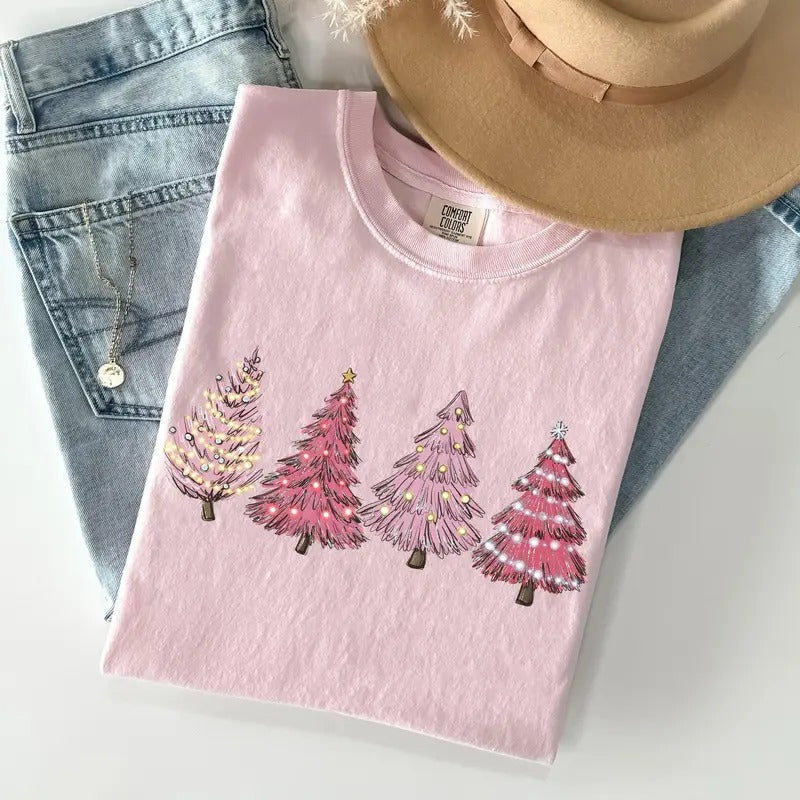 Pink Christmas Trees, Winter, Snow, Santa Tshirt, Christmas Comfort Colors Tshirt, Women's Graphic Tee, Xmas, Santa,...