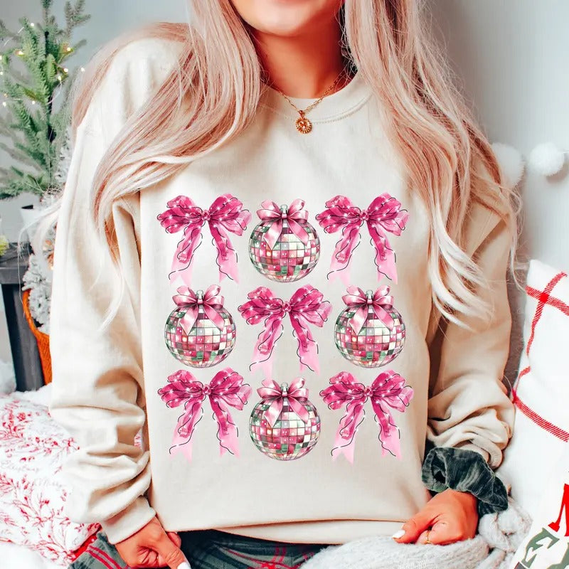 Pink Coquette Bow with Disco Call New Year Cheers Shirt, Disco Ball, New Year New Me, Hello 2025, Coquette Bow Gift...