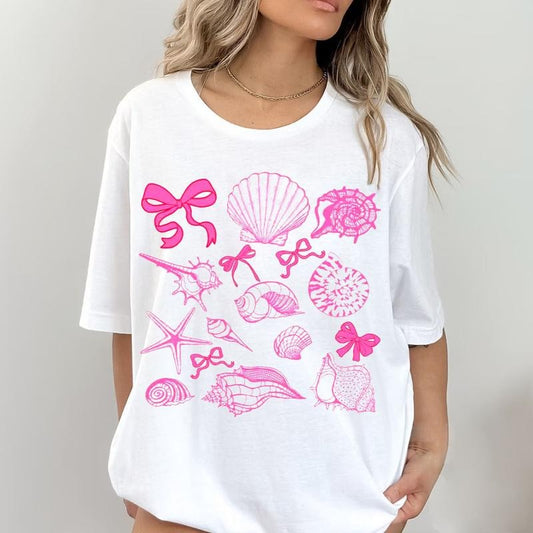 Pink Coquette Seashell Beach Tee, Coastal Retro Summer Shirt, Summer Vibes Girls Trip Gift for Her