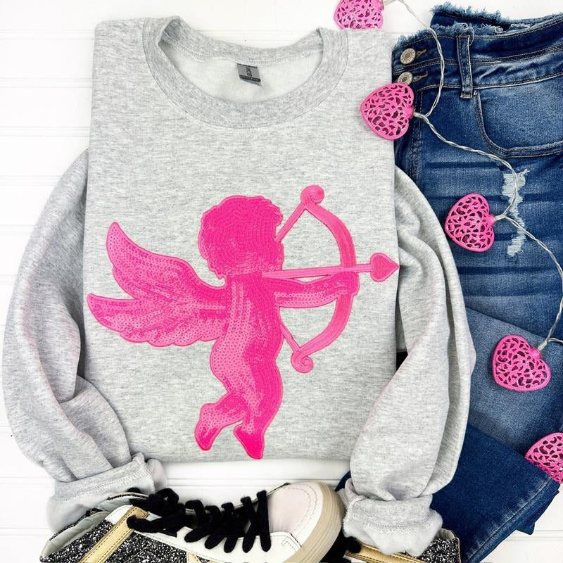 Pink Cupid Sequin Patch Sweatshirt -- ASH GREY T-Shirts, Hoodie | DripVista.com