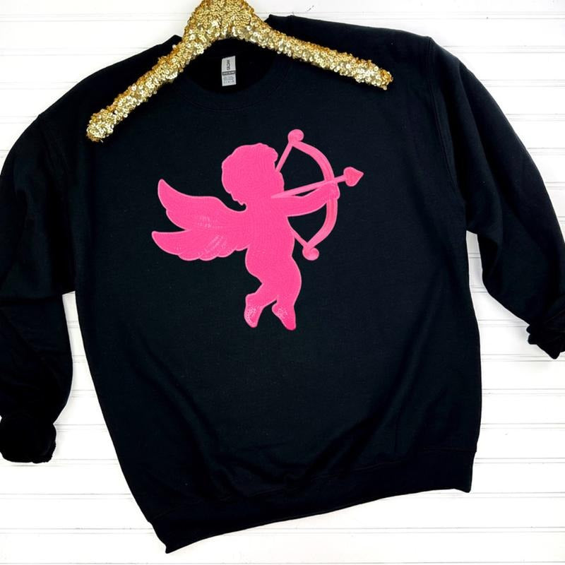 Pink Cupid Sequin Patch Sweatshirt -- BLACK T-Shirts, Hoodie | DripVista.com