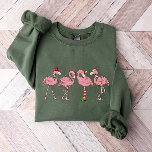 Pink Flamingo Christmas Shirt, Christmas Sweatshirt, Gift For Xmas, Santa Flamingos Gift Shirt Classic Collar Cotton Fabric Jersey Knit cute santa