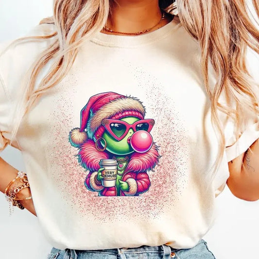 Pink Grinchhhh Girl Blowing Bubble Tee, Funny Shirt
