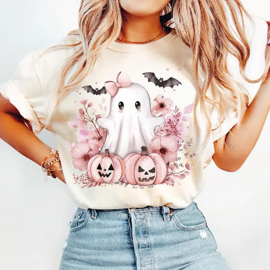 Pink Halloween Shirt, Spooky Ghost, Autumn Boo Ghost Shirt, Fall Shirt, Pumpkins, Leaves Shirt, Coquette Pink Ghouls Shirt, Unisex Short Sleeve Tee Shirt, Casual Clothing Top Womenswear