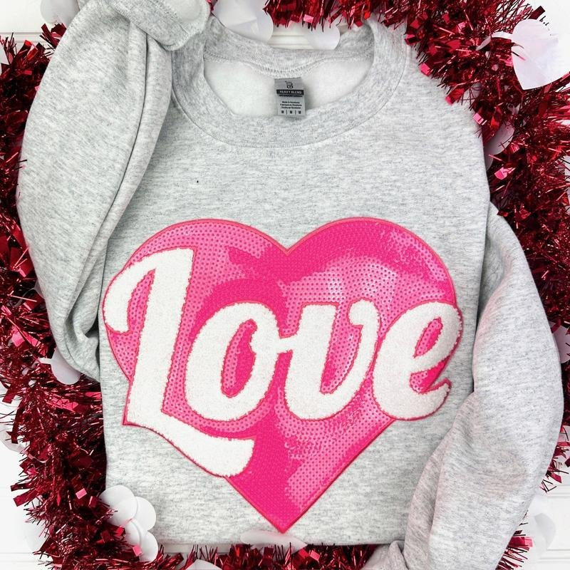 Pink Heart Sequin Patch Sweatshirt -- ASH GREY T-Shirts, Hoodie | DripVista.com