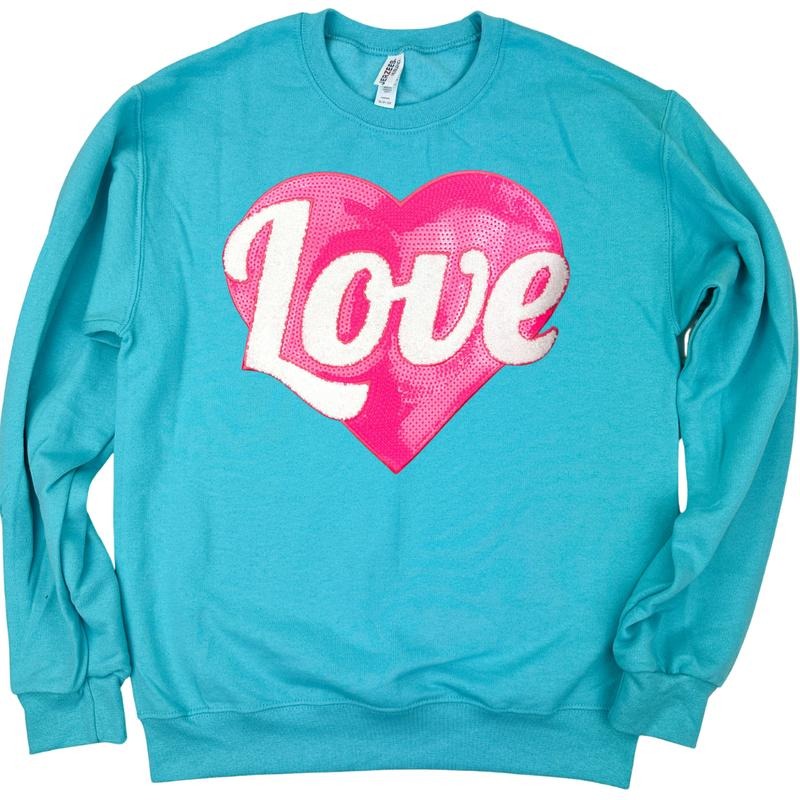 Pink Heart Sequin Patch Sweatshirt -- SCUBA BLUE T-Shirts, Hoodie | DripVista.com