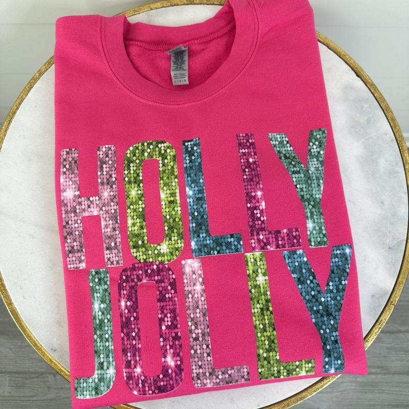 Pink Holly Jolly Faux Sequin Gildan Sweatshirt T-Shirts, Hoodie | DripVista.com