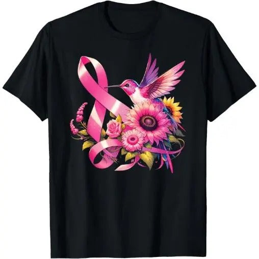 Pink Hummingbird Sunflower Breast Cancer Awareness Support T-Shirt Made in USA