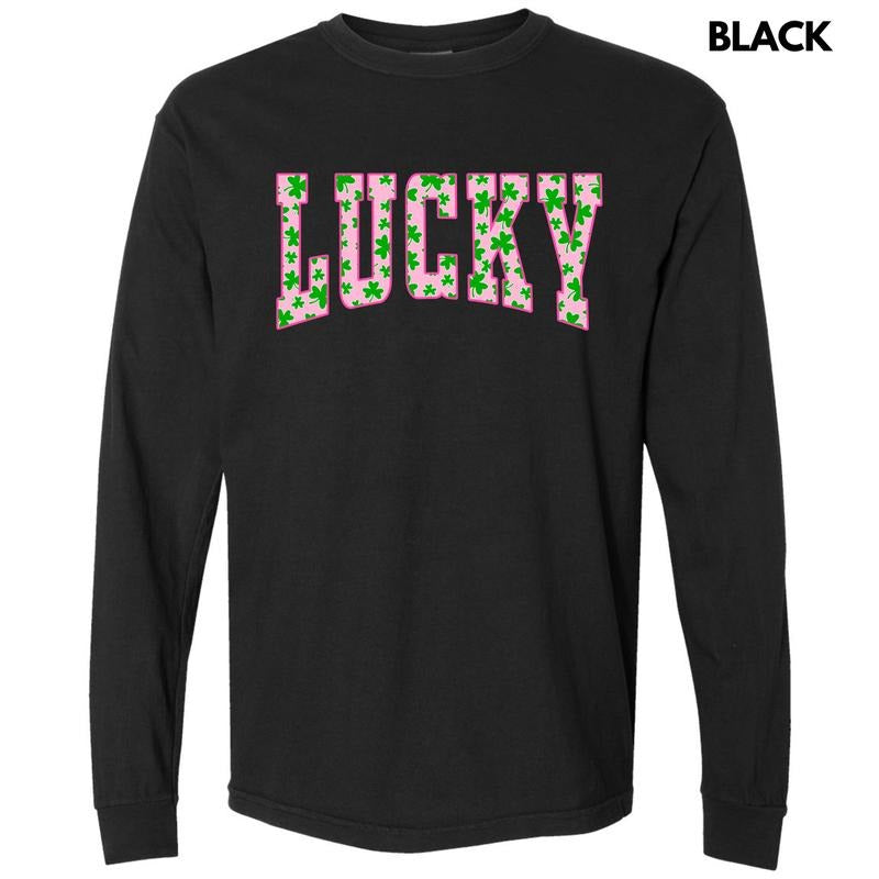 Pink Lucky Varsity Letter Long Sleeve Comfort Colors T-Shirt 'NLB' Hoodie, Sweatshirt | DripVista.com