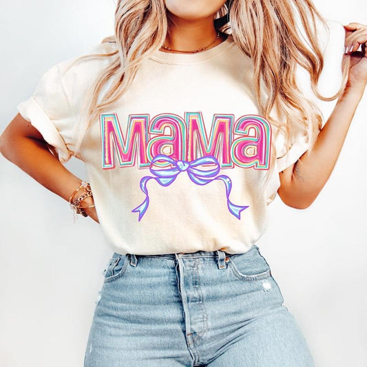 Pink Mama Coquette Bow T-Shirt, Mama Varsity Shirt, Mama Bow T-Shirt, Hand Drawn, Gift for mom