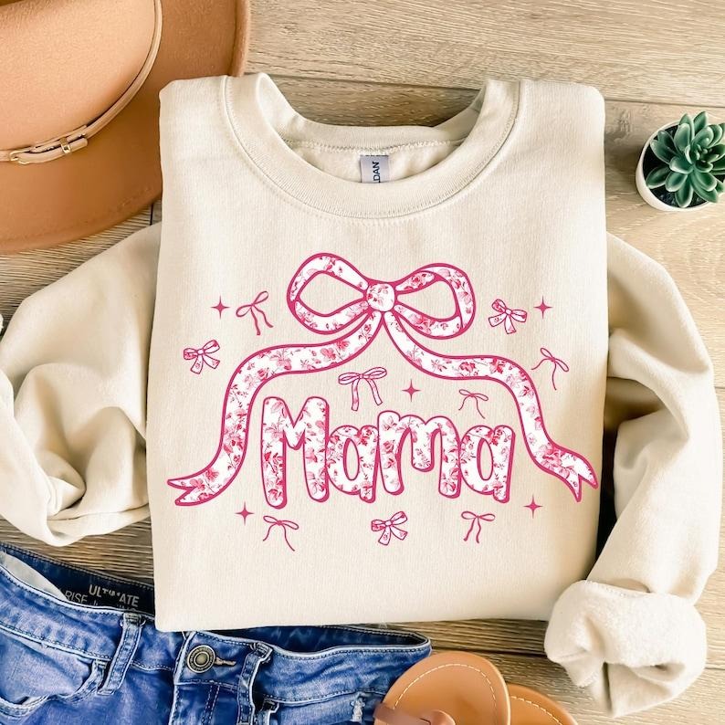 Pink Mama Coquette Floral  Mama Varsity , Mothers Day , Gift for Mom, Lace Coquette Bow Sweatshirt T-Shirts, Hoodie