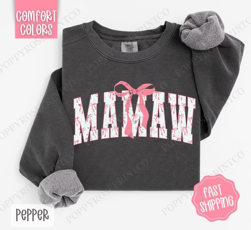 Pink Mamaw Bow Comfort Colors Sweatshirt, Women's Crewneck, Cute Women's Sweater T-Shirts, Hoodie | DripVista.com