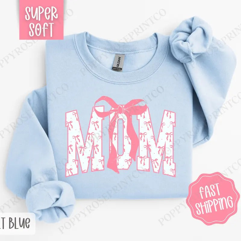 Pink Mom Bow Sweatshirt, Women's Crewneck, Cute Women's Sweater T-Shirts, Hoodie | DripVista.com