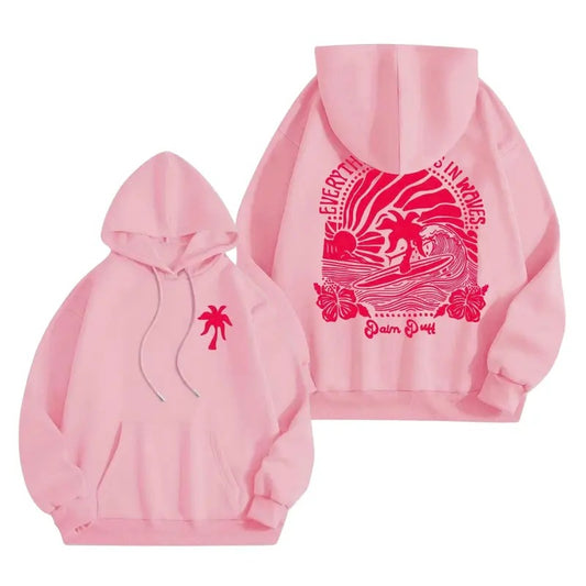 Pink Palm Puff Hoodie for Women 2024, Pink Graphic Hoodie Cute Preppy, Unisex Hoodie Long Sleeve Drawstring Tops With Pockets, Casual Hoodie Tops Menswear
