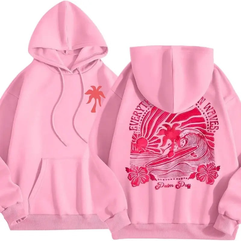 Pink Palm Puff Hoodie for Women Graphic Hoodie Sweatshirts for Teen Girls 2024 Cute Preppy Hoodies Y2k Fall Outfits Pullover Tops with Pockets