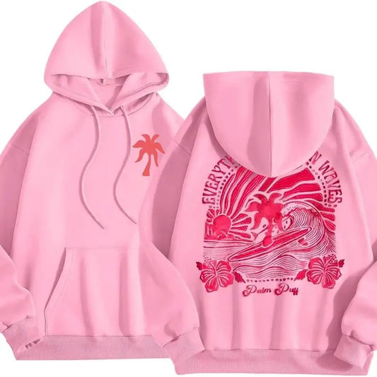 Pink Palm Puff Hoodie for Women Graphic Hoodie Sweatshirts for Teen Girls 2024 Cute Preppy Hoodies Y2k Fall Outfits Pullover Tops with Pockets