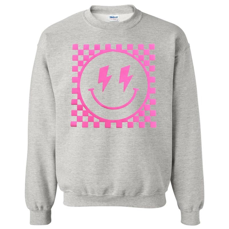 Pink Puff Checkered Happy Face Sweatshirt T-Shirts, Hoodie | DripVista.com