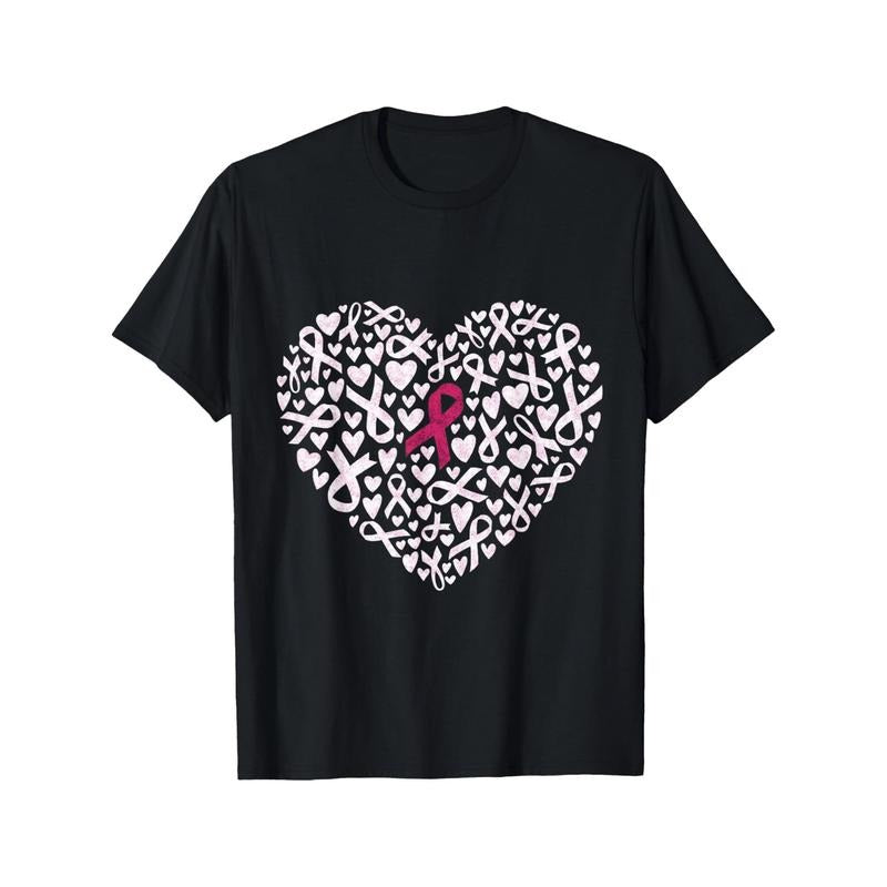Pink Ribbon Heart Breast Cancer Awareness Support T-shirt Black Casual Short sleeve Men's Sports T-shirt Made in USA...