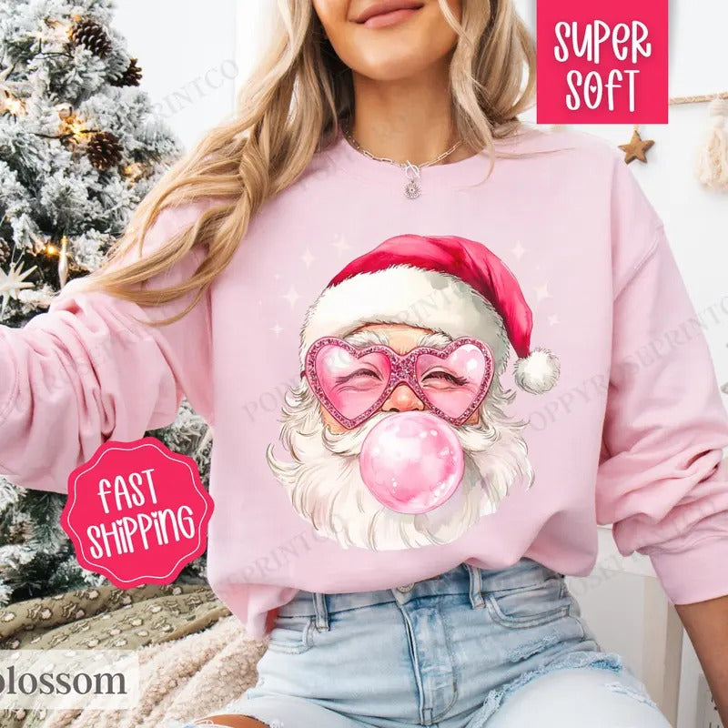 Pink Santa Bubble Sweatshirt, Christmas Sweater,  Coquette Xmas Tshirt, Women's Holiday Crewneck funny santa Hoodie