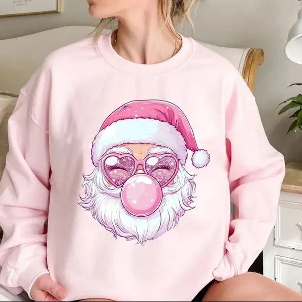 Pink Santa Claus Sweatshirt, Christmas Sweatshirt, Vintage Santa Bubble Gum
