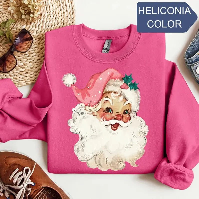 Pink Santa Retro Christmas T-Shirts Sweatshirts for Women Pink Christmas Matching Family Sweaters Pink Vintage Holiday...