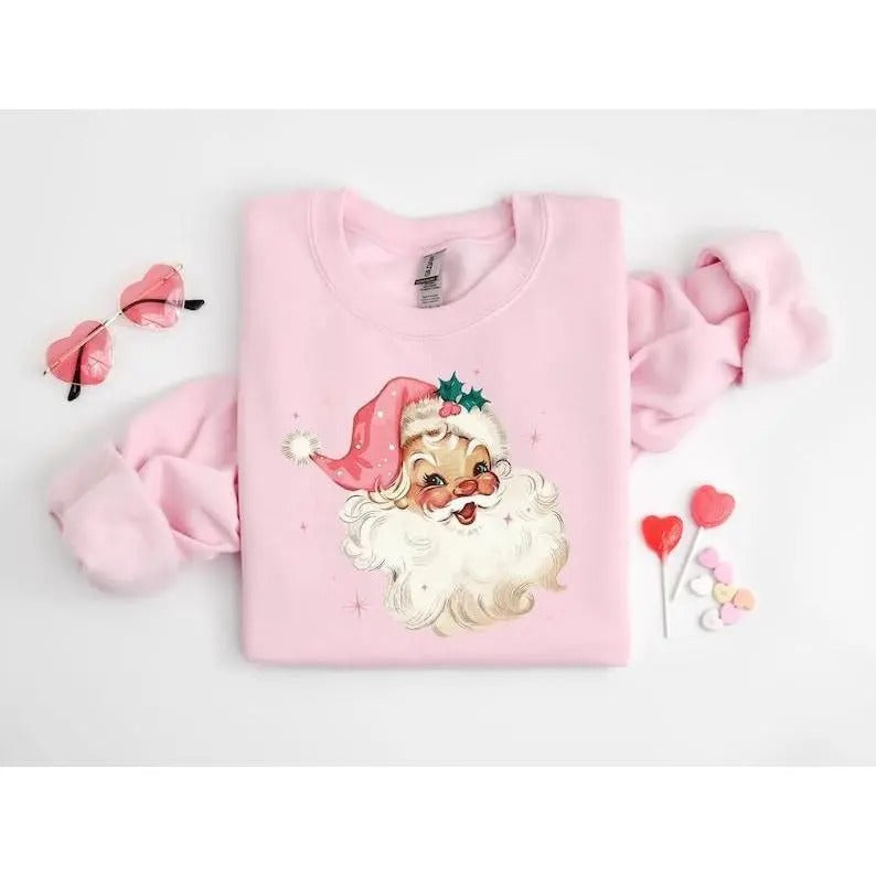 Pink Santa Retro Christmas T-Shirts Sweatshirts for Women Pink Christmas Matching Family Sweaters Pink Vintage Holiday...