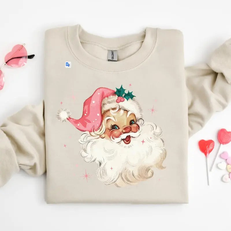 Pink Santa Retro Christmas T-Shirts Sweatshirts for Women Pink Christmas Matching Family Sweaters Pink Vintage Holiday...