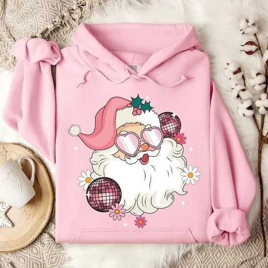 Pink Santa Retro Christmas T-Shirts hoodie for Women Pink Christmas Matching Family Sweaters Pink Vintage Holiday Crewneck Group Party