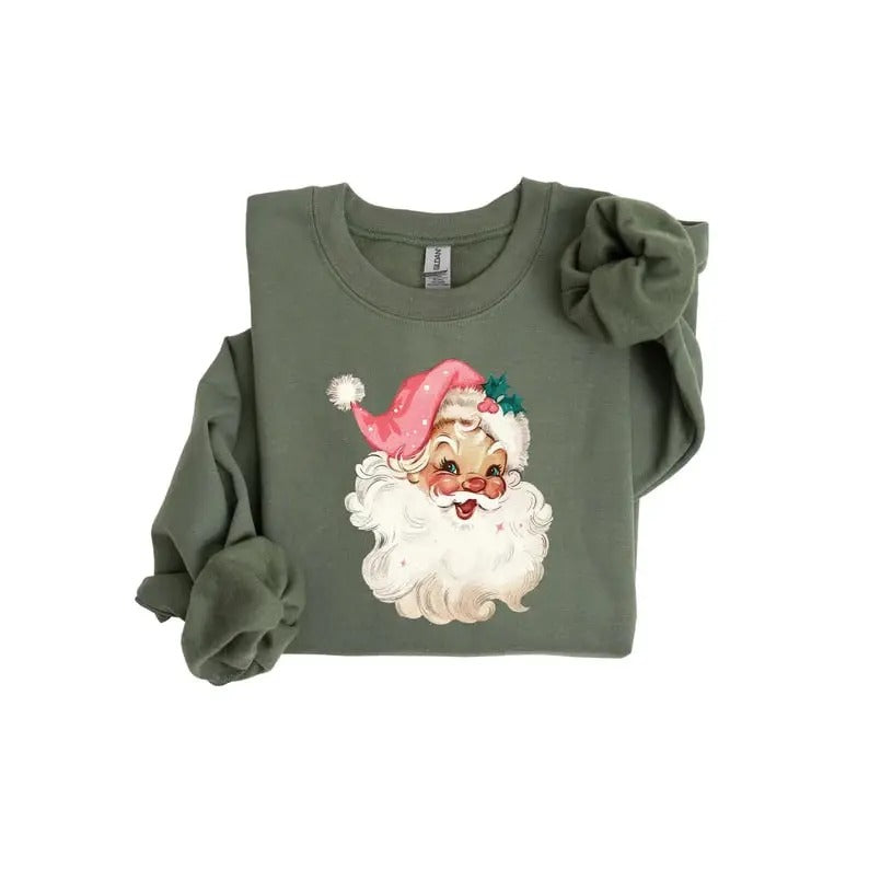 Pink Santa Sweatshirt, Christmas Sweatshirt, Xmas Holiday Gifts, Christmas family Shirt, Retro Christmas Santa, Holiday...