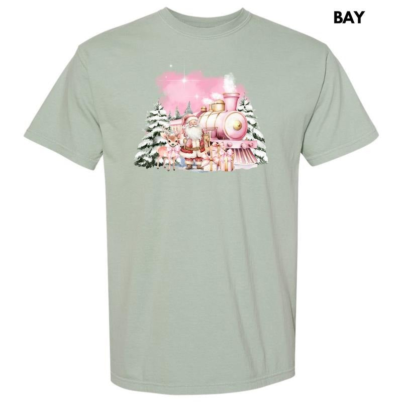 Pink Train & Santa Holiday Comfort Colors T-Shirt 'NLB' Hoodie, Sweatshirt | DripVista.com