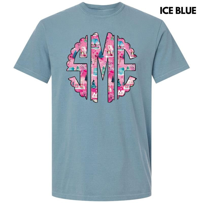 Pink Winter Holiday Monogram Comfort Colors T-Shirt 'NLB' Hoodie, Sweatshirt | DripVista.com