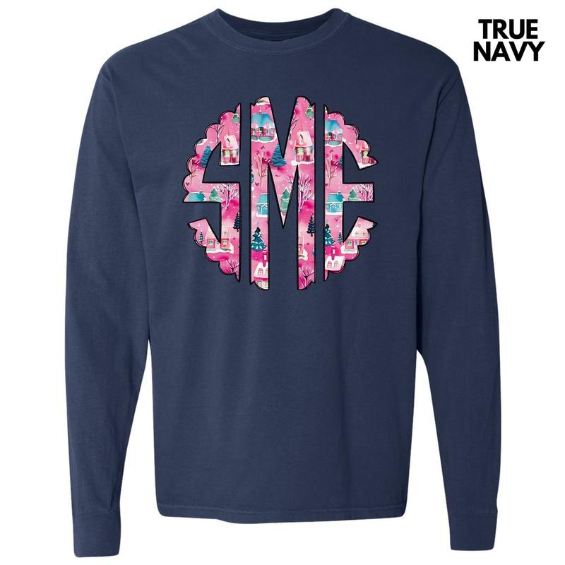Pink Winter Holiday Monogram Long Sleeve Comfort Colors T-Shirt 'NLB' Hoodie, Sweatshirt | DripVista.com