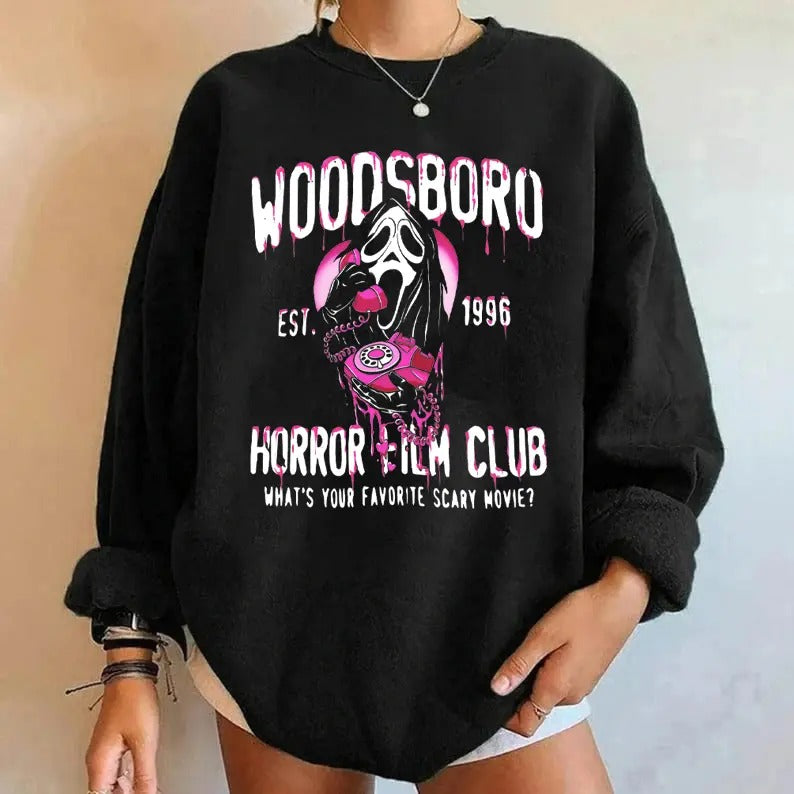 Pink Woodsboro Sweater, Pink Ghostface Halloween Sweater, Woodsboro Halloween Tee Shirt, Scary Movies Halloween T-Shirt,...