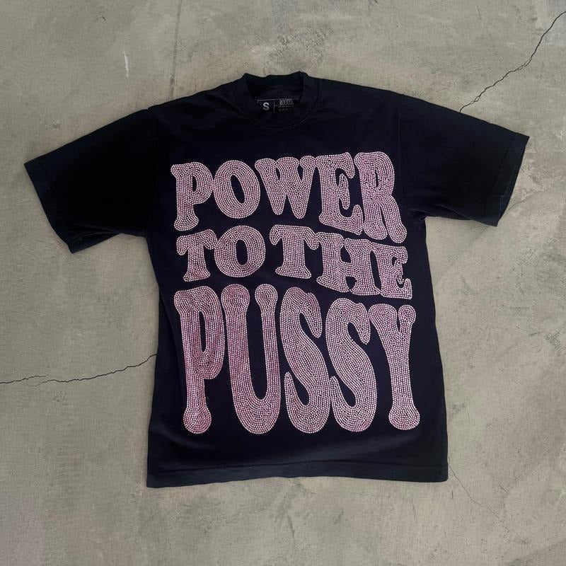 Pink and Black Power to the P Rhinestoned Heavy Weight T-Shirt for Women Hoodie, Sweatshirt | DripVista.com