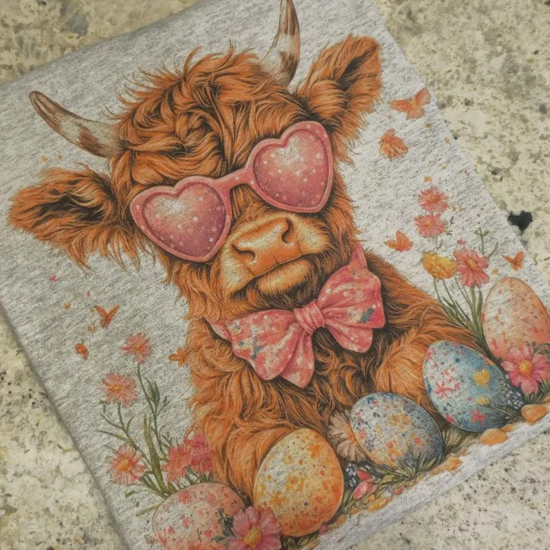 Pink sunglasses Highland cow Easter Graphic Tee or Sweatshirt Hoodie | DripVista.com