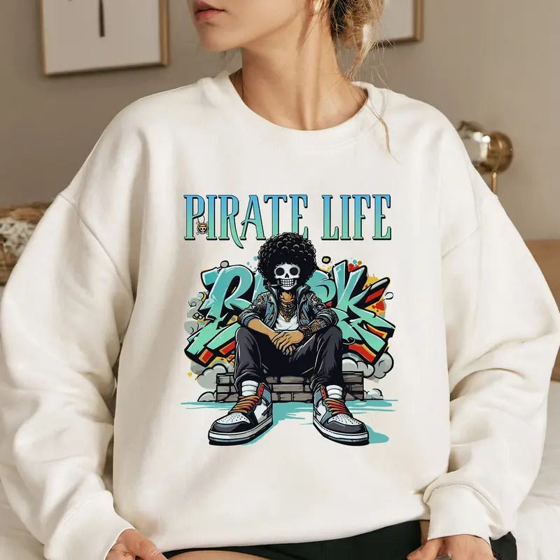 Pirate Life Soul King Brook Straw Hat OP Shirt Crewneck Hoodie, Anime Shirt Comfort Cotton Sweatshirt | DripVista.com