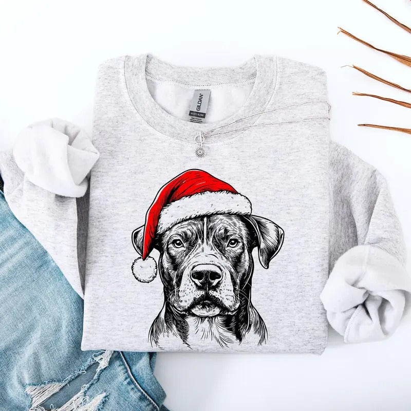 Pitbull, Santa, Dog, Christmas, Dog Lover, Pet Sweatshirt, Crew Neck, Women's, Crewneck T-Shirts, Hoodie | DripVista.com
