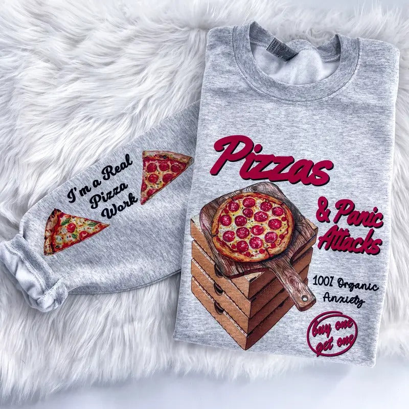 Pizza and Panic Attacks Anxiety Sweatshirt or Hoodie with sleeve prints Comfy Unisex Tops T-Shirts | DripVista.com