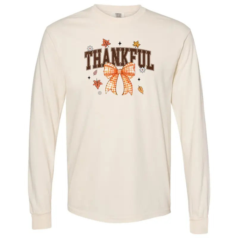 Plaid Bow Thankful Long Sleeve Comfort Colors T-Shirt 'NLB' Hoodie, Sweatshirt | DripVista.com