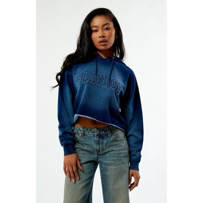 Playboy Women's By PacSun Frayed Applique Cropped Hoodie T-Shirts, Sweatshirt | DripVista.com