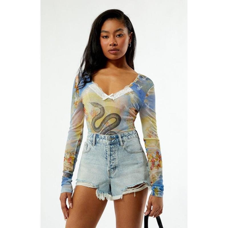 Playboy Women's By PacSun Snake Mesh Long Sleeve Bodysuit T-Shirts, Hoodie, Sweatshirt | DripVista.com