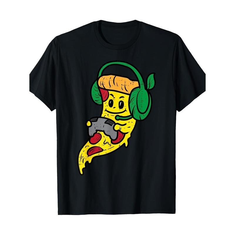 Player Pizza video game Fun food 100% cotton T-shirt Made in USA